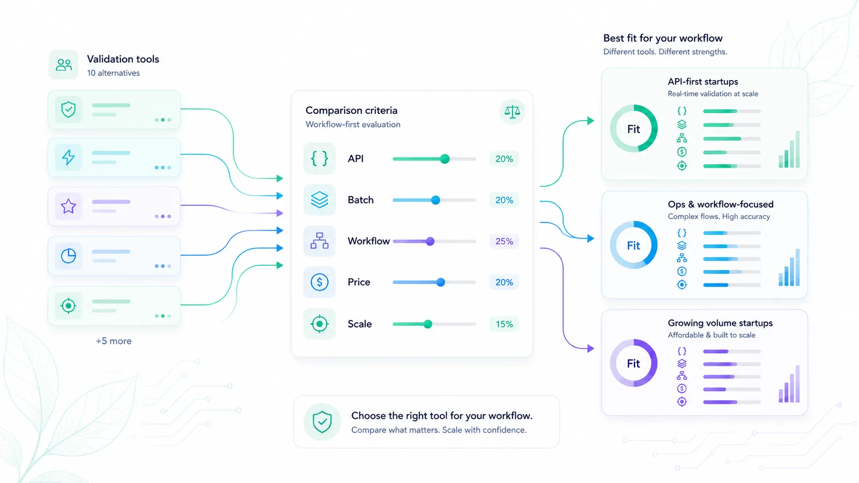 Weighted email verification vendor rubric comparing API, batch, workflow, price, and scale.